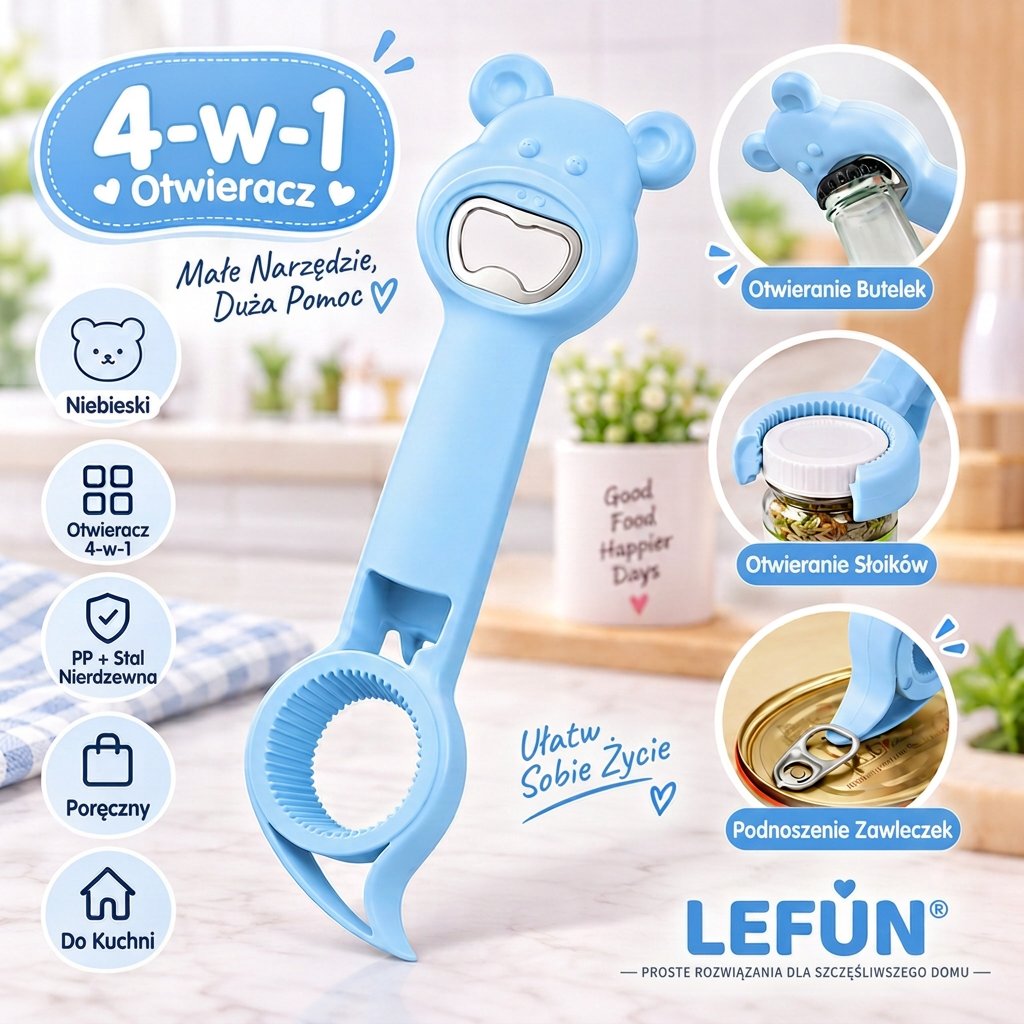 LEFUN® Otwieracz 4w1 👑 – Otwórz każde wieczko bez zbędnego wysiłku 💎