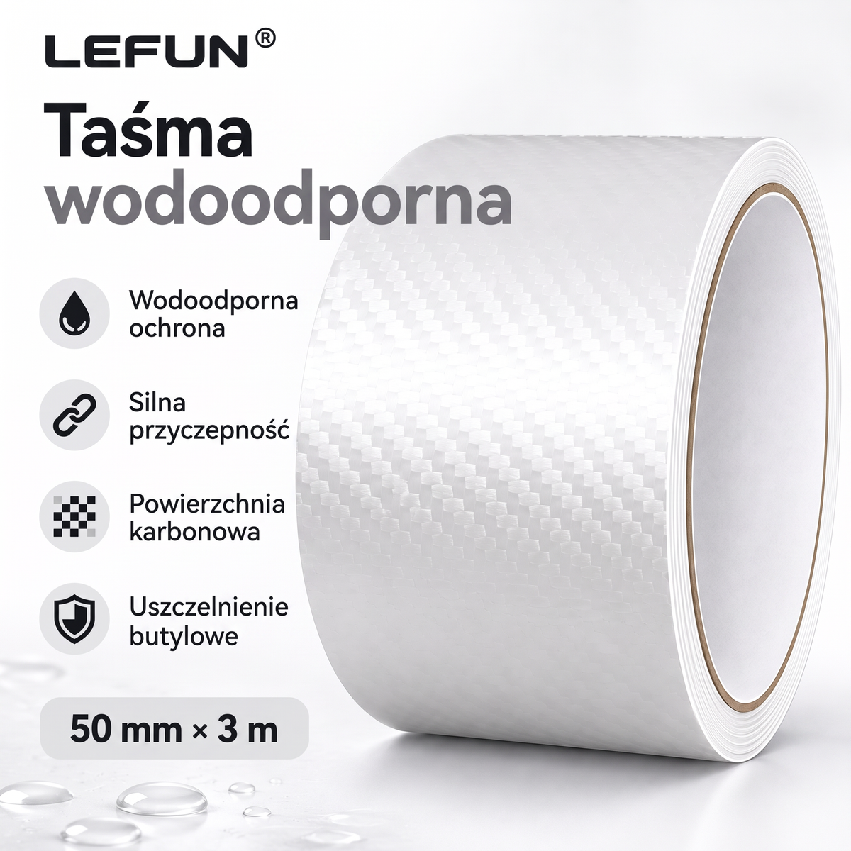 LEFUN® 💧 Wyjątkowo mocna taśma wodoodporna – warstwa ochronna o wyglądzie karbonu + uszczelka butylowa chroniąca przed przeciekami i wilgocią