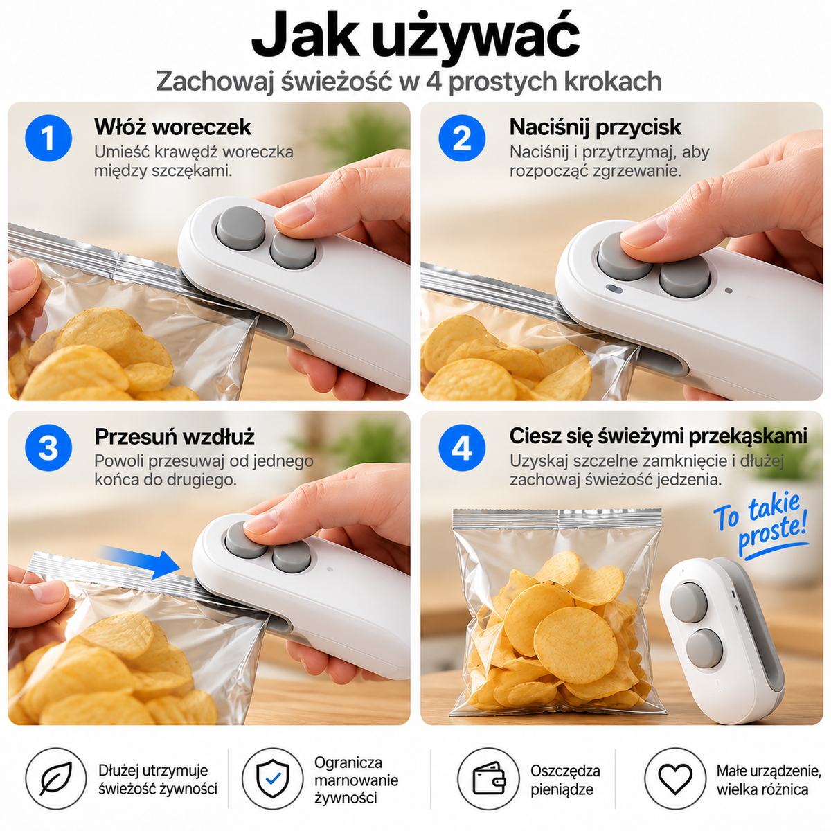 Vitalisys® Przenośna ładowalna zgrzewarka do woreczków – 2w1 USB-C mini urządzenie do zgrzewania i cięcia ✨