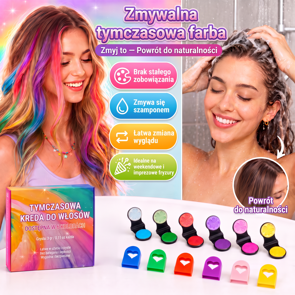 🌟Ostatni dzień -50% RABATU🔥🔥Zestaw 6 kolorowych tymczasowych kred do włosów z aplikatorem🌟