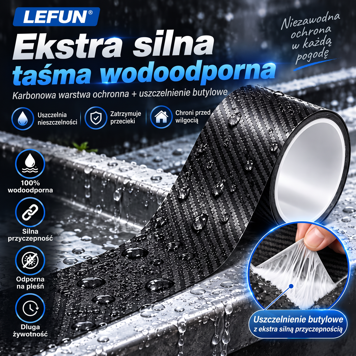 LEFUN® 💧 Wyjątkowo mocna taśma wodoodporna – warstwa ochronna o wyglądzie karbonu + uszczelka butylowa chroniąca przed przeciekami i wilgocią
