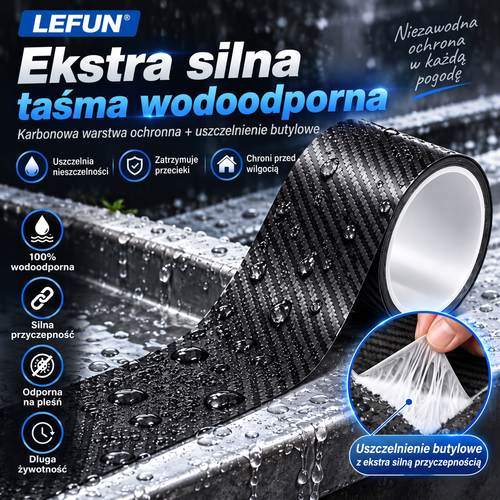 LEFUN® 💧 Wyjątkowo mocna taśma wodoodporna – warstwa ochronna o wyglądzie karbonu + uszczelka butylowa chroniąca przed przeciekami i wilgocią