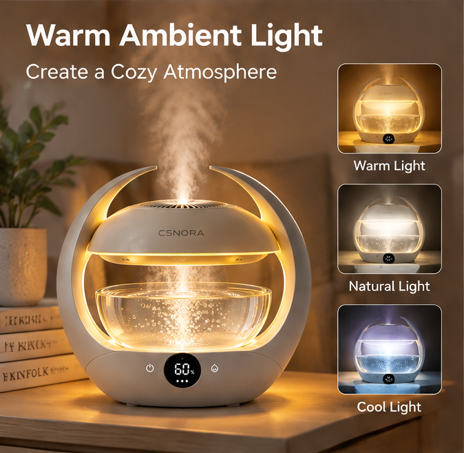 💧 CSNORA® Smart Ultrasonic Humidifier – 600ml LED Desk Humidifier with Ambient Night Light