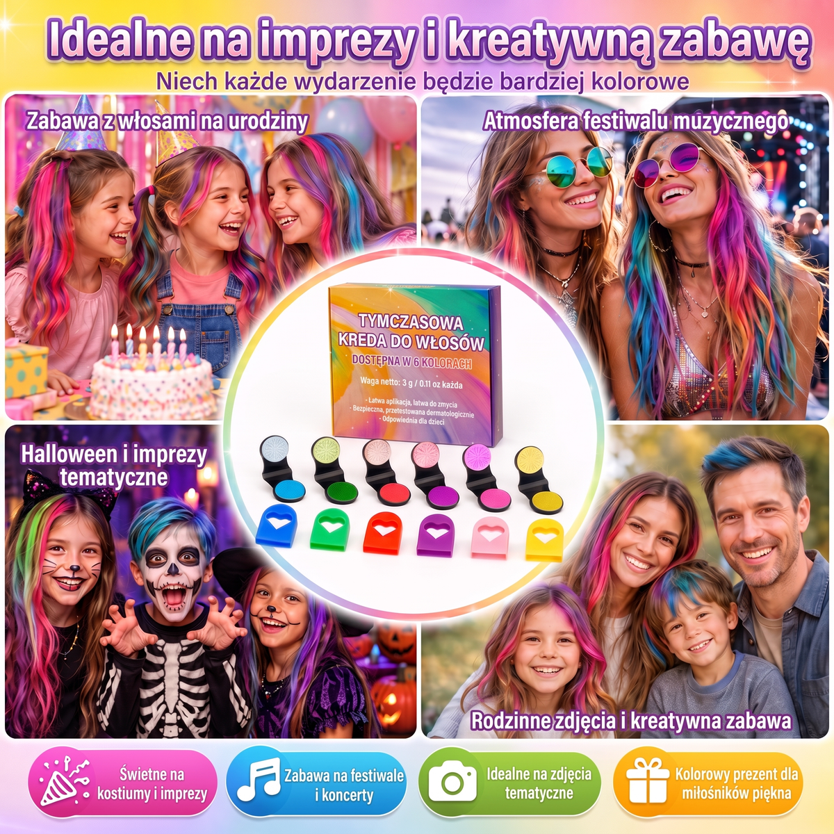 🌟Ostatni dzień -50% RABATU🔥🔥Zestaw 6 kolorowych tymczasowych kred do włosów z aplikatorem🌟