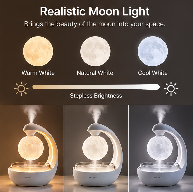 🌙 CSNORA® Levitating Moon Humidifier – 3-Color Glow & Nano Mist