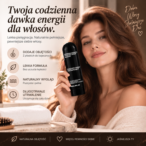 Vitalisys® Fluffy Hair – Modelujący spray zwiększający objętość włosów – lekka formuła dodająca objętości od nasady, zapewniająca naturalny ruch włosów i delikatny brzoskwiniowy zapach 💧
