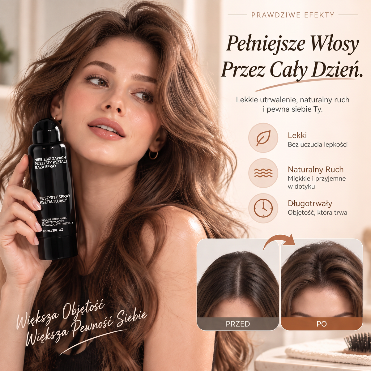 🔥🔥Vitalisys® Fluffy Hair – Modelujący spray zwiększający objętość włosów – lekka formuła dodająca objętości od nasady, zapewniająca naturalny ruch włosów i delikatny brzoskwiniowy zapach 👸