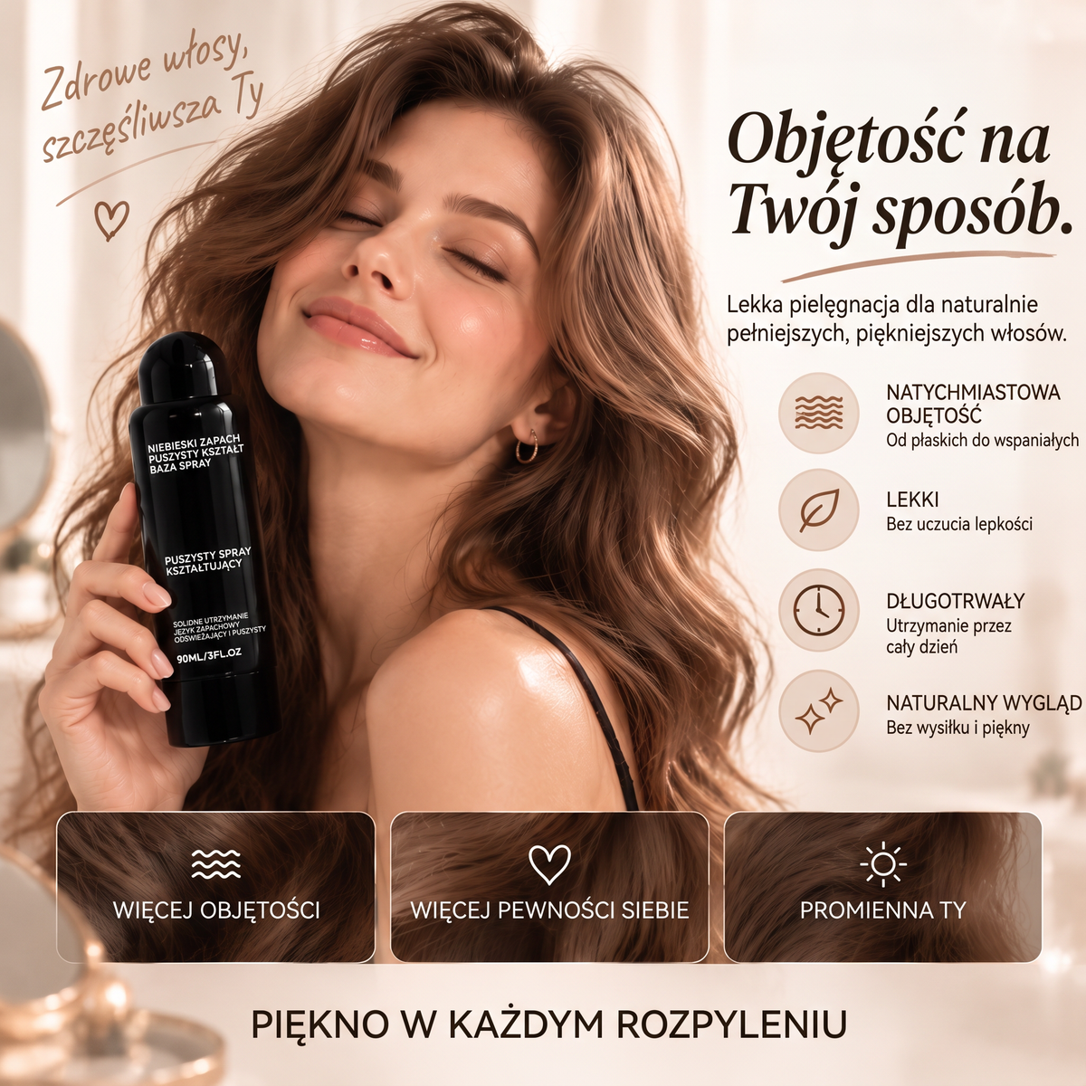 🔥🔥Vitalisys® Fluffy Hair – Modelujący spray zwiększający objętość włosów – lekka formuła dodająca objętości od nasady, zapewniająca naturalny ruch włosów i delikatny brzoskwiniowy zapach 👸