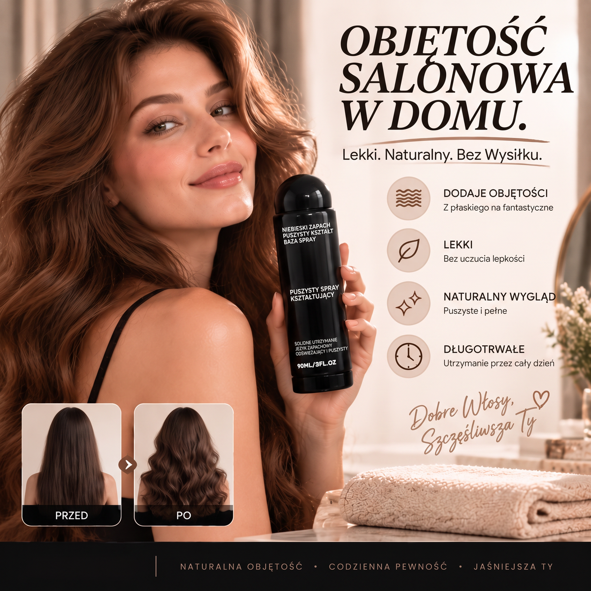 🌈🌈Vitalisys® Fluffy Hair – Modelujący spray zwiększający objętość włosów – lekka formuła dodająca objętości od nasady, zapewniająca naturalny ruch włosów i delikatny brzoskwiniowy zapach 👸