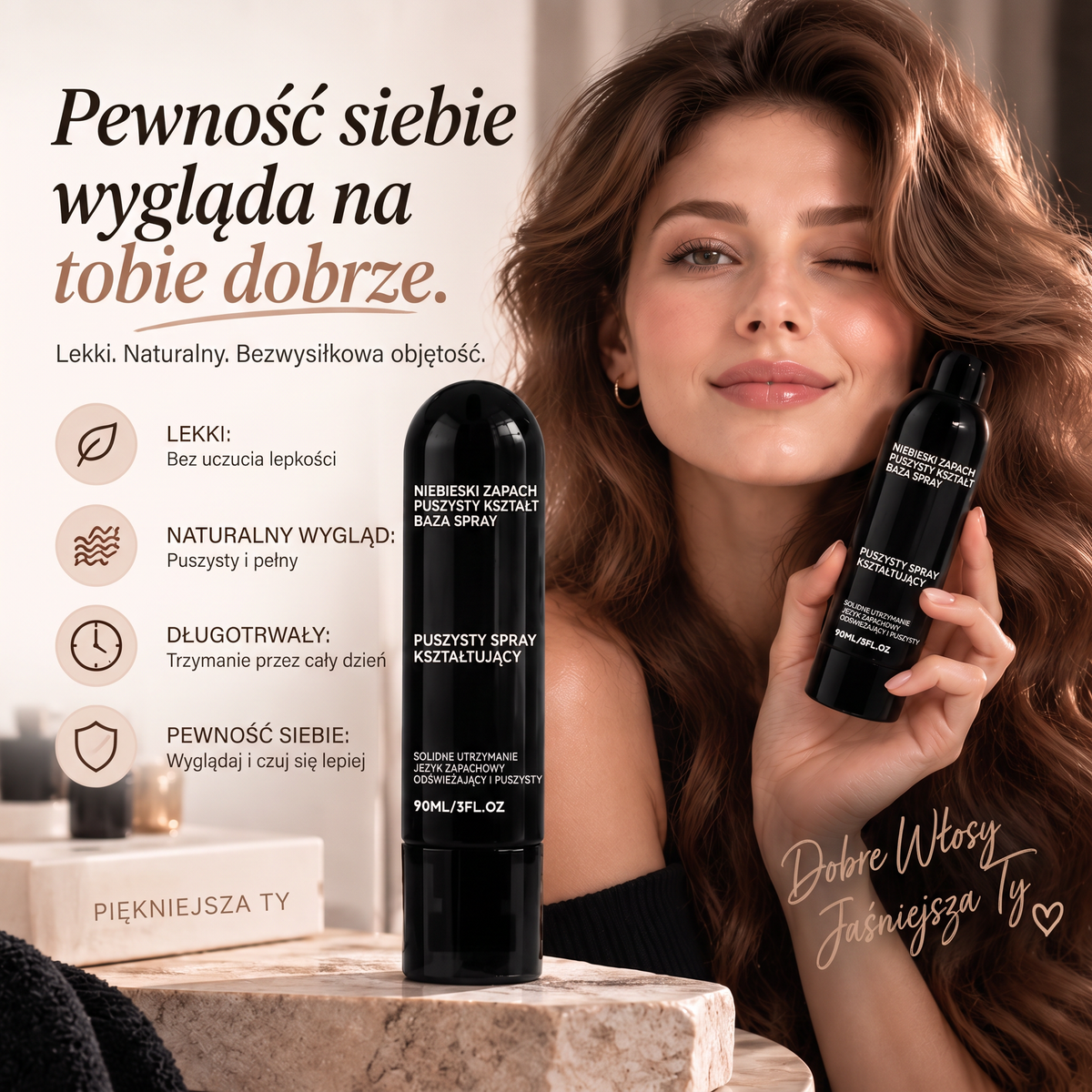 🌈🌈Vitalisys® Fluffy Hair – Modelujący spray zwiększający objętość włosów – lekka formuła dodająca objętości od nasady, zapewniająca naturalny ruch włosów i delikatny brzoskwiniowy zapach 👸