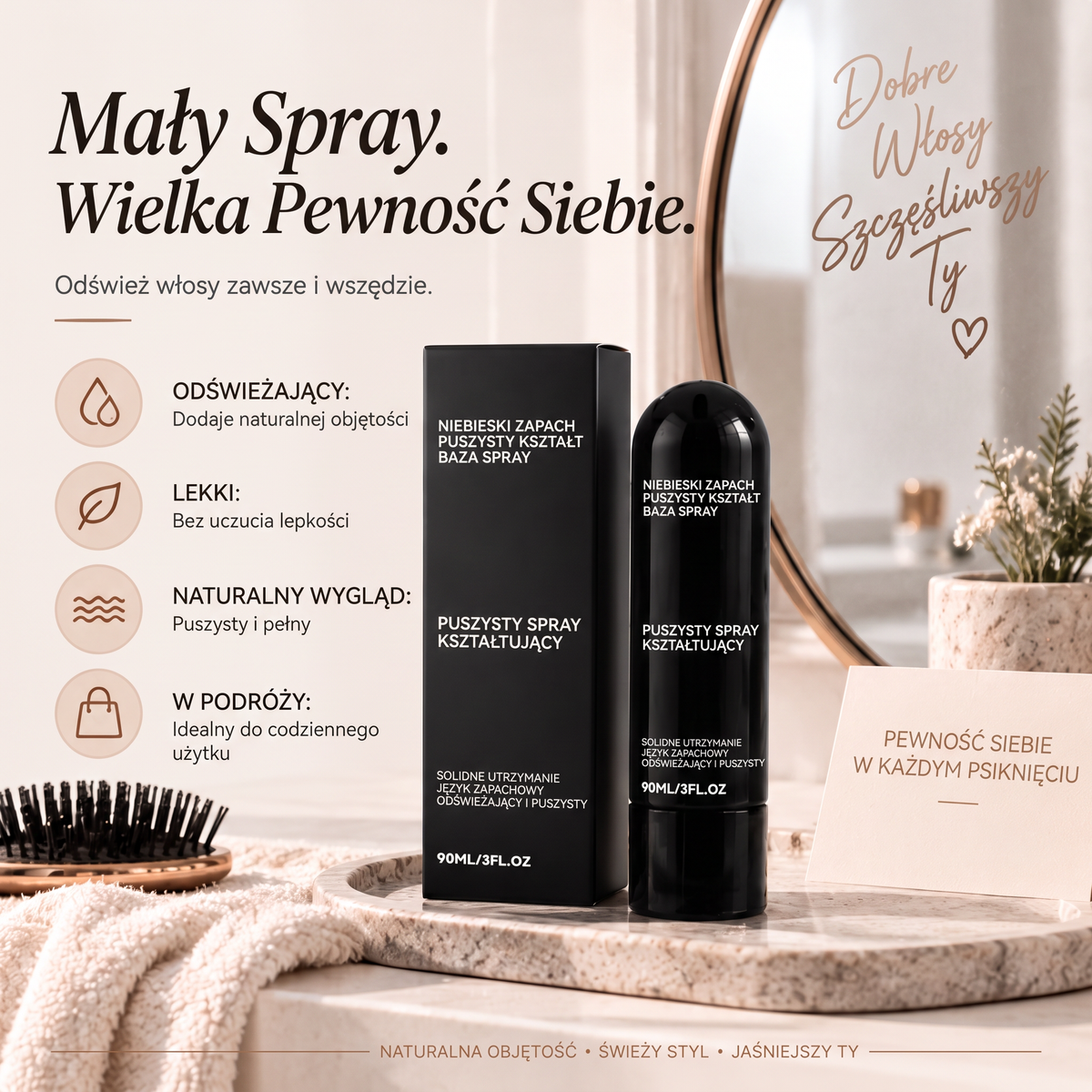 Vitalisys® Fluffy Hair – Modelujący spray zwiększający objętość włosów – lekka formuła dodająca objętości od nasady, zapewniająca naturalny ruch włosów i delikatny brzoskwiniowy zapach 💧