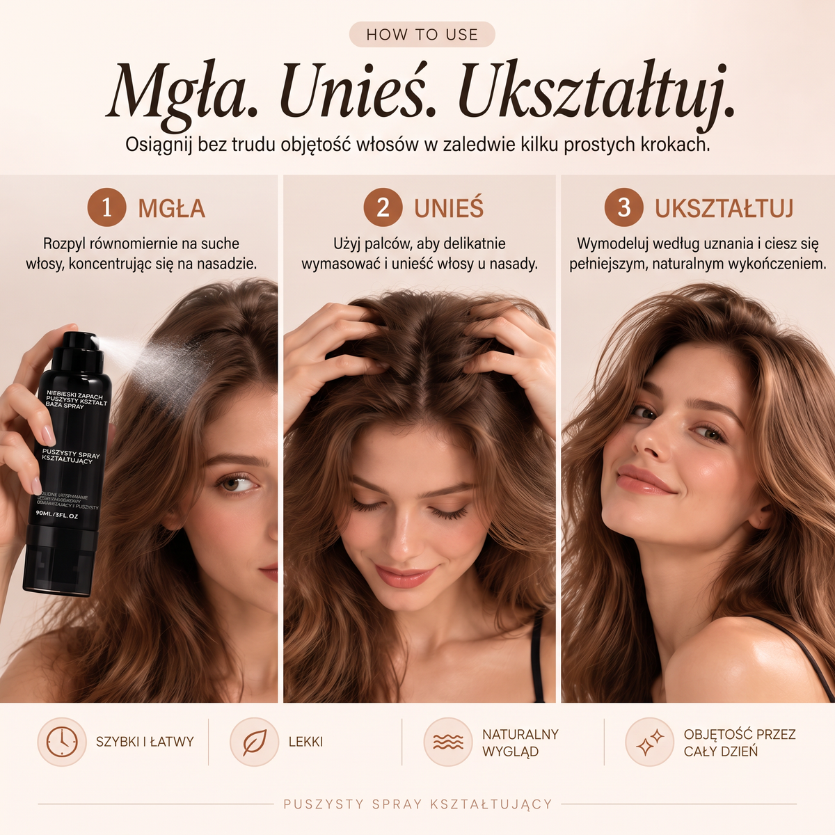 🔥🔥Vitalisys® Fluffy Hair – Modelujący spray zwiększający objętość włosów – lekka formuła dodająca objętości od nasady, zapewniająca naturalny ruch włosów i delikatny brzoskwiniowy zapach 👸