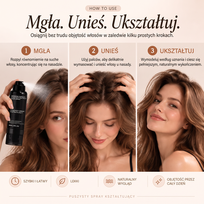 Vitalisys® Fluffy Hair – Modelujący spray zwiększający objętość włosów – lekka formuła dodająca objętości od nasady, zapewniająca naturalny ruch włosów i delikatny brzoskwiniowy zapach 💧