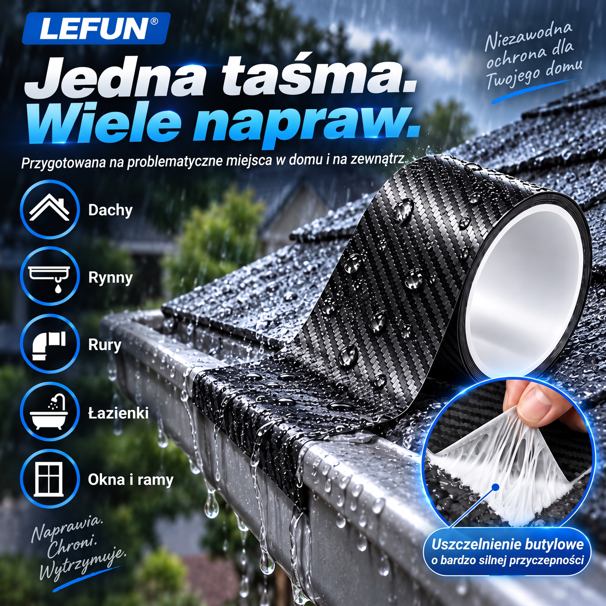 LEFUN® 💧 Wyjątkowo mocna taśma wodoodporna – warstwa ochronna o wyglądzie karbonu + uszczelka butylowa chroniąca przed przeciekami i wilgocią